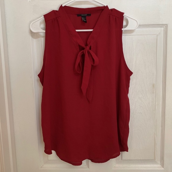 Rose Red Sleeveless Work Blouse Tie Neck - Picture 2 of 4